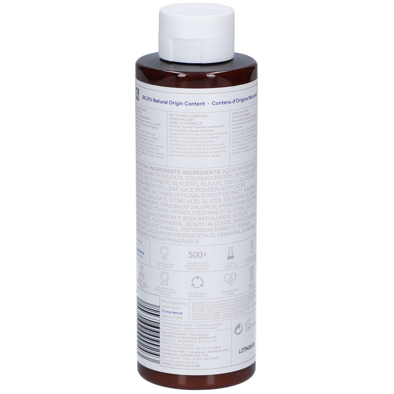 Achterkant bruine fles met witte dop. Tekst: Ingrediënten, 86,5% natuurlijke oorsprong. Verschillende symbolen.