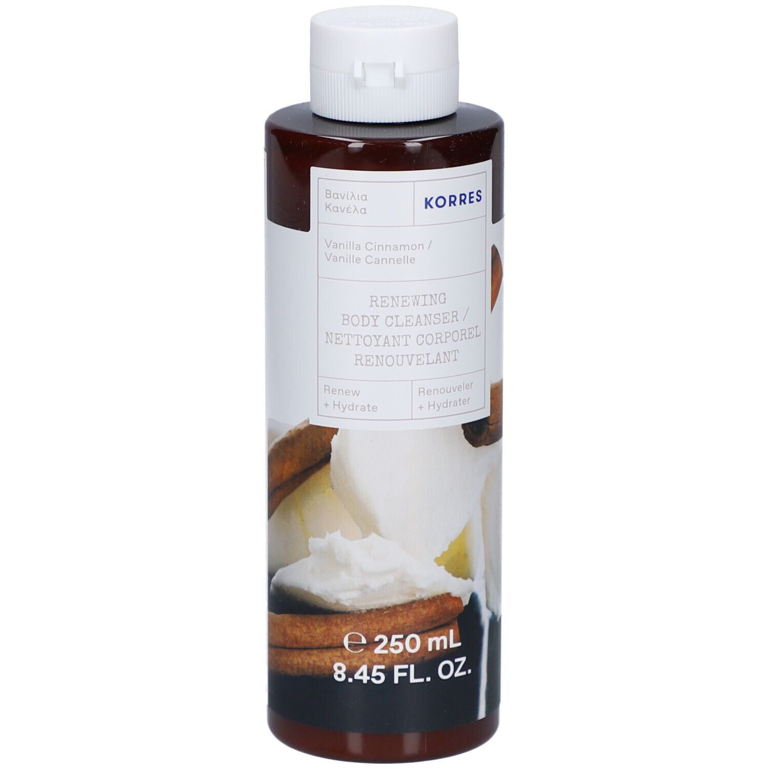 Bruine fles met witte dop. Opschrift: KORRES, Vanille Cannelle, Renewing Body Cleanser. 250 ml.