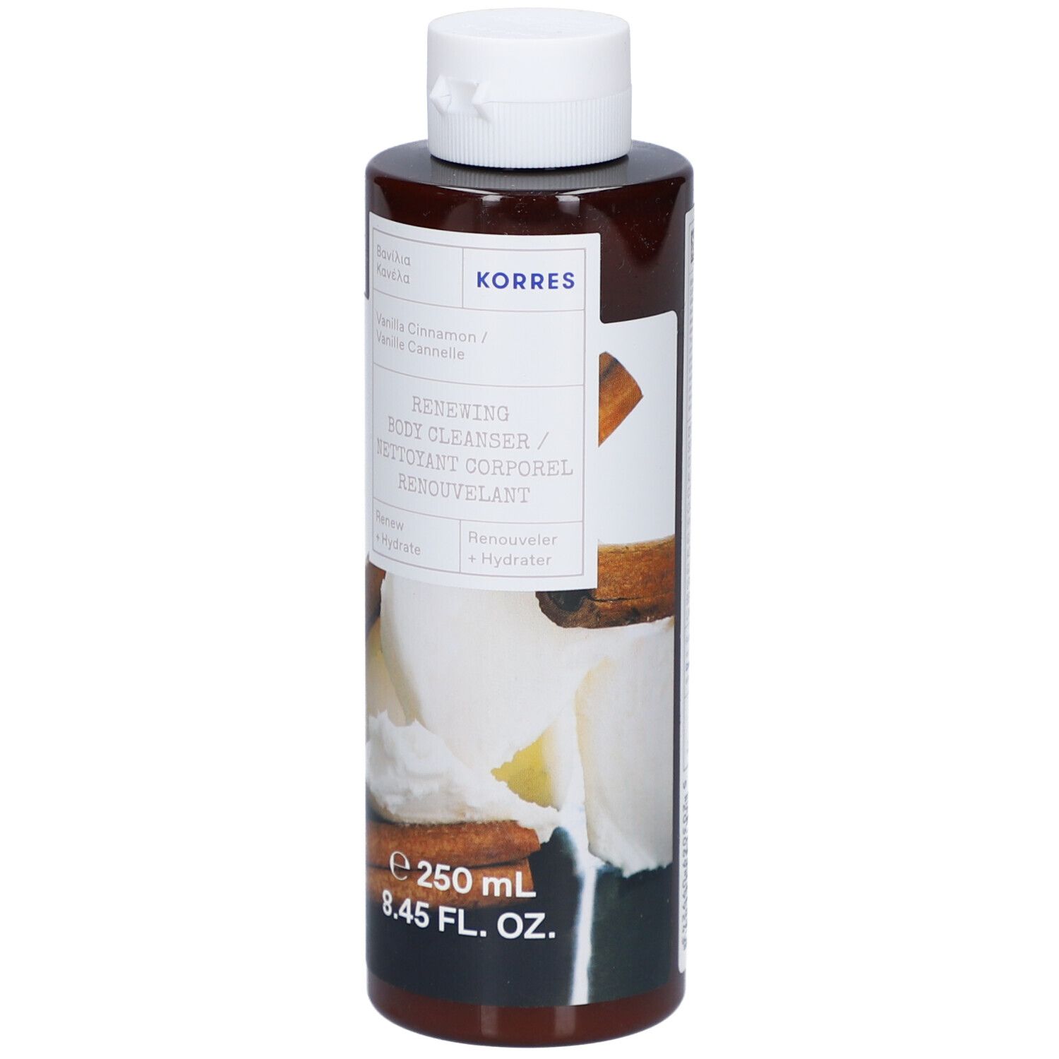 Bruine fles met witte dop. Opschrift: KORRES, Vanille Cannelle, Renewing Body Cleanser. 250 ml.