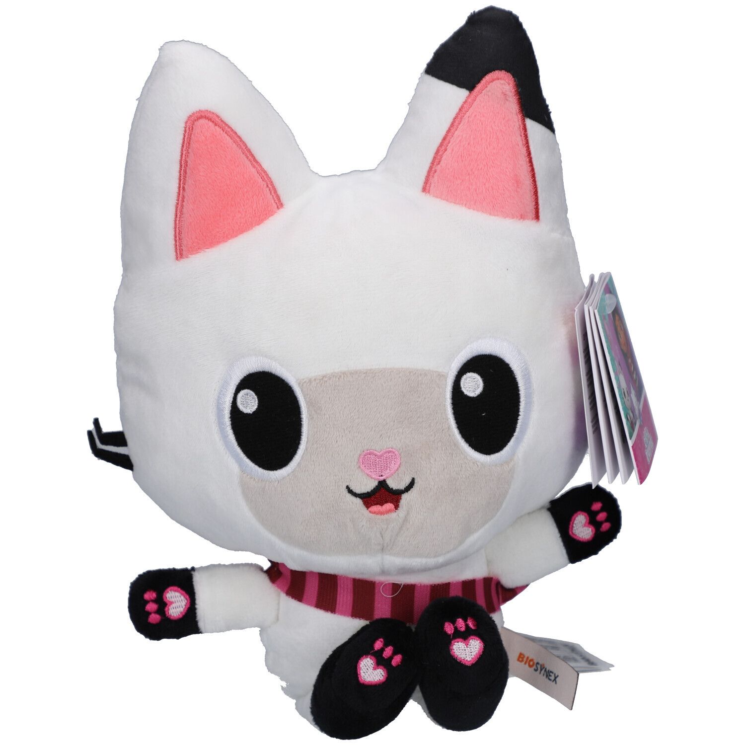 Peluche chat blanc, oreilles et écharpe roses. Pattes et yeux noirs. Étiquette Biosynex.