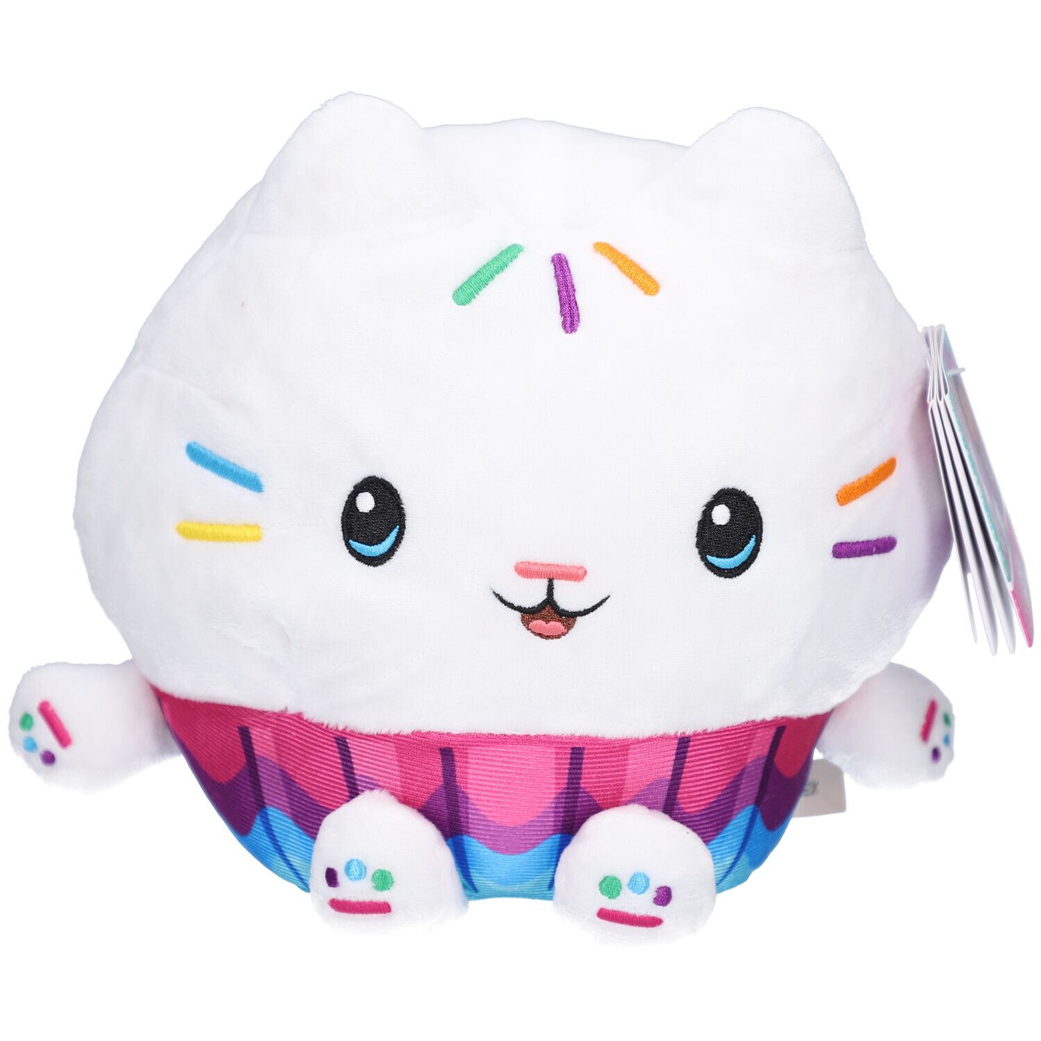 Wit katvormig pluche speelgoed met gekleurde versieringen. Onderkant in regenboogkleuren. Label aan oor.