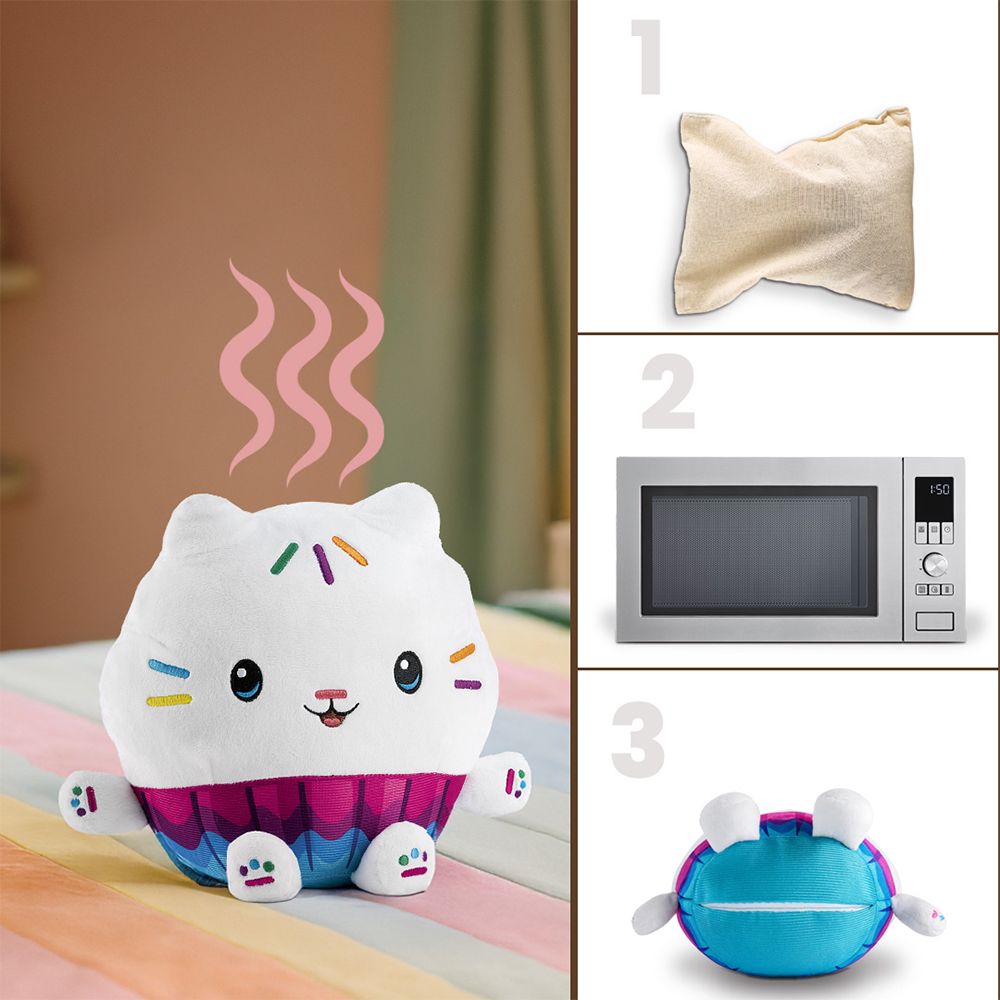 Instructies voor het verwarmen van een zachte, witte katten-warmwaterkruik: zakje, magnetron, verwarmd product.