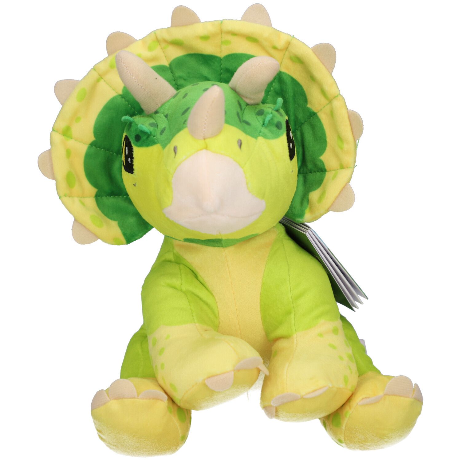 Groene en gele Triceratops knuffel. Hoorns, kraag en poten zichtbaar. Een label is aan het product bevestigd.