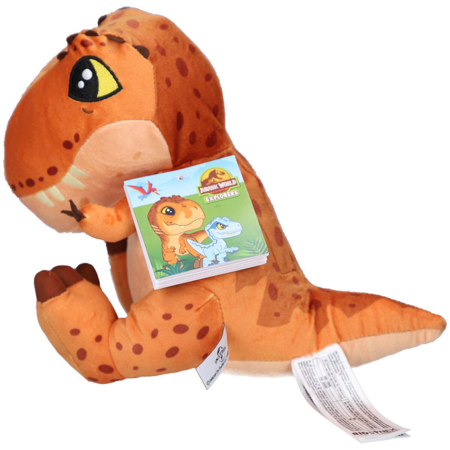 Oranje T-Rex knuffel met bruine vlekken. Een label met logo en afbeelding is aan het product bevestigd.