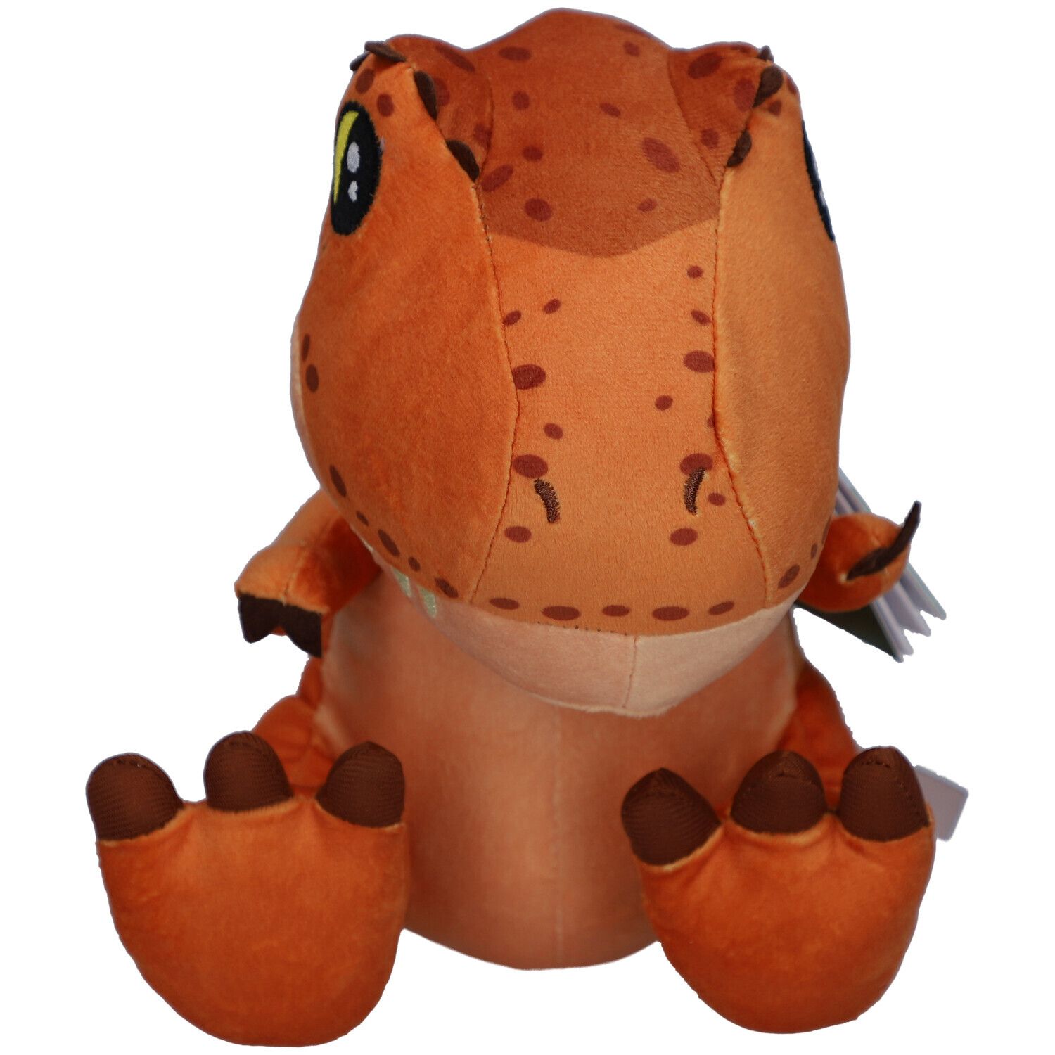 Achteraanzicht van een oranje T-Rex knuffel. Een label is aan het product bevestigd.