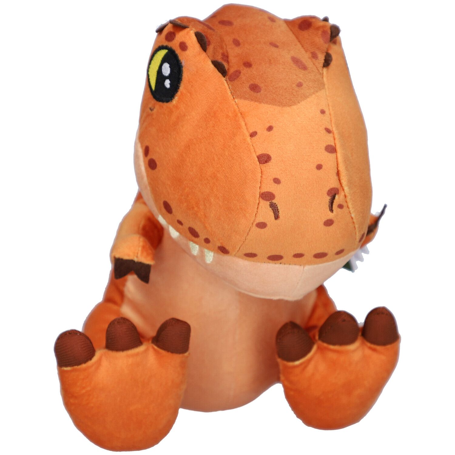 Oranje T-Rex knuffel met bruine vlekken. Het dier zit.