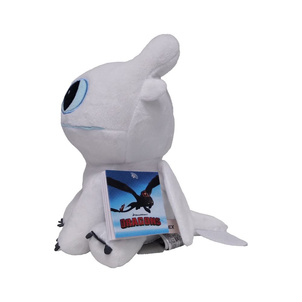 Wit pluche dier, draakvorm. Blauwe ogen, oren, vleugels. Zwarte klauwen. Label bevestigd.