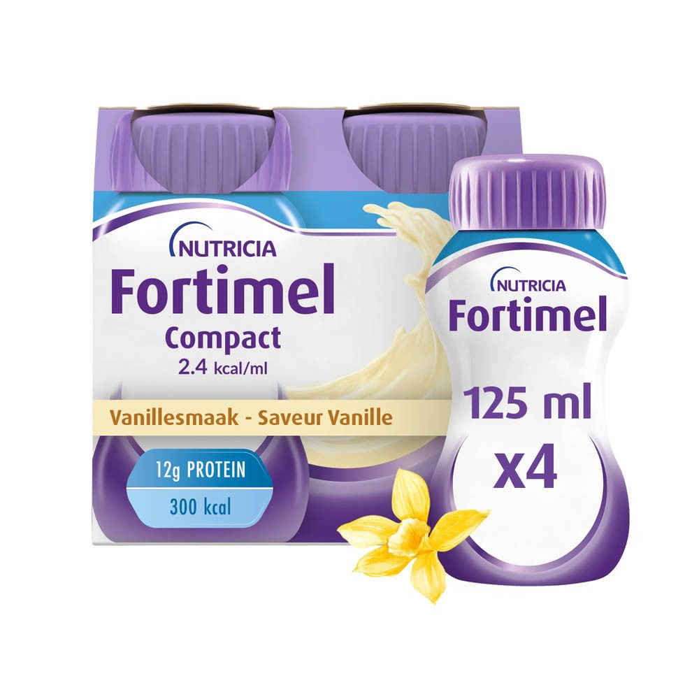 Quatre bouteilles Nutricia Fortimel Compact 2.4kcal Vanille. Bouchons violets, emballage carton.
