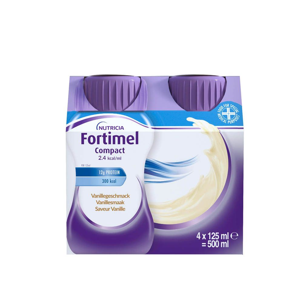 Vier flessen Nutricia Fortimel Compact 2.4kcal Vanille. Paarse doppen, in kartonnen verpakking.