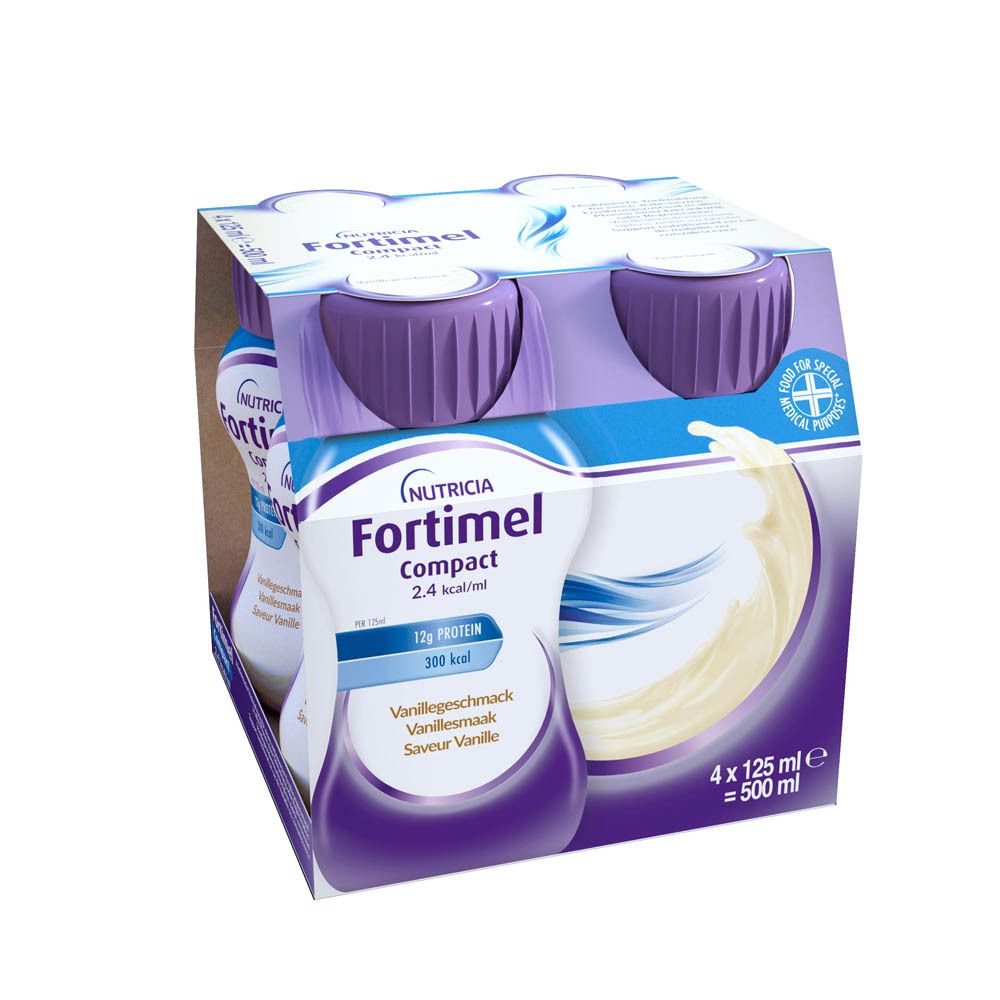 Dos de l'emballage de quatre bouteilles Nutricia Fortimel Compact 2.4kcal Vanille. Texte et liste d'ingrédients.