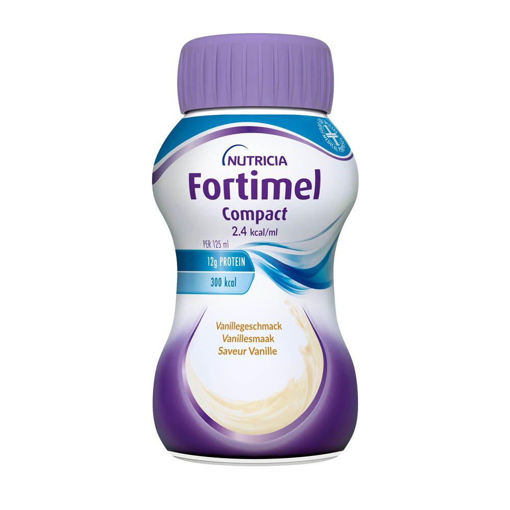Verpakking van vier flessen Nutricia Fortimel Compact 2.4kcal Vanille. Flessen met paarse doppen, verpakt.