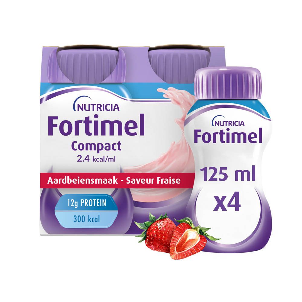 Fles Nutricia Fortimel Compact 2.4 kcal/ml, aardbeiensmaak. Paarse dop. 12g eiwit, 300 kcal.