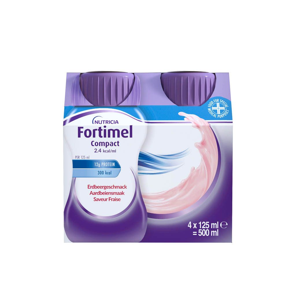 Emballage de 4 bouteilles. Inscription: Nutricia Fortimel Compact 2.4 kcal/ml, saveur fraise. Bouchons violets.