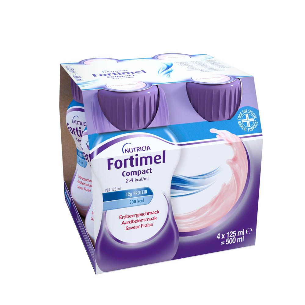 Verpakking van 4 flessen. Opschrift: Nutricia Fortimel Compact 2.4 kcal/ml, aardbeiensmaak. Paarse doppen.