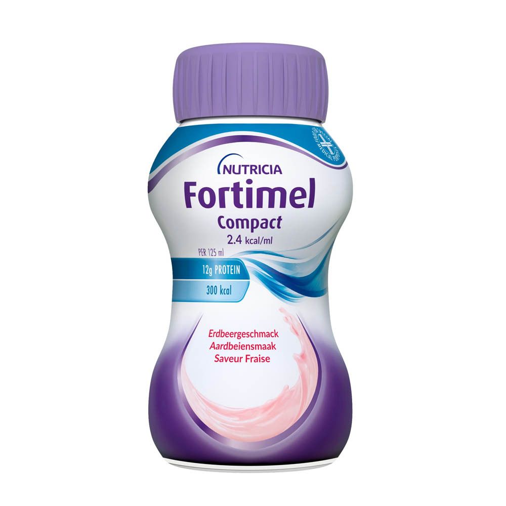 Fles Nutricia Fortimel Compact 2.4 kcal/ml, aardbeiensmaak. Paarse dop. 12g eiwit, 300 kcal.