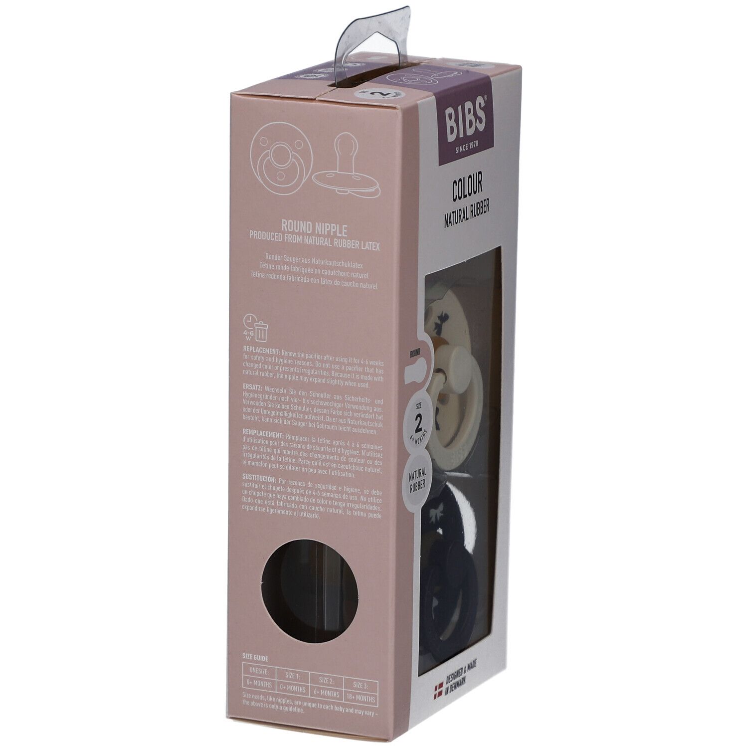 Emballage de deux sucettes. Impression: forme ronde, latex. Marque BIBS. Dos avec texte et avertissements.