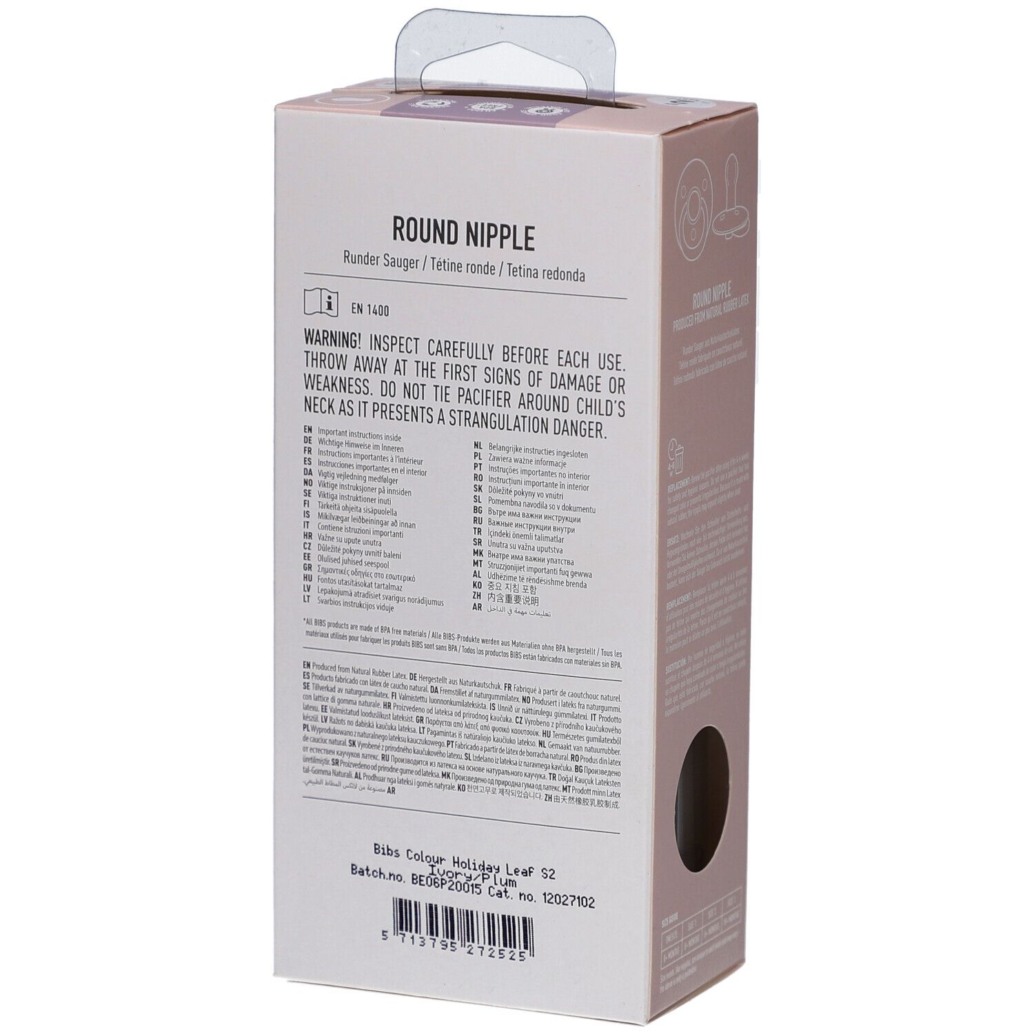 Dos de l'emballage. Texte: avertissements, informations sur le produit. Marque BIBS. Numéro de lot et code-barres.