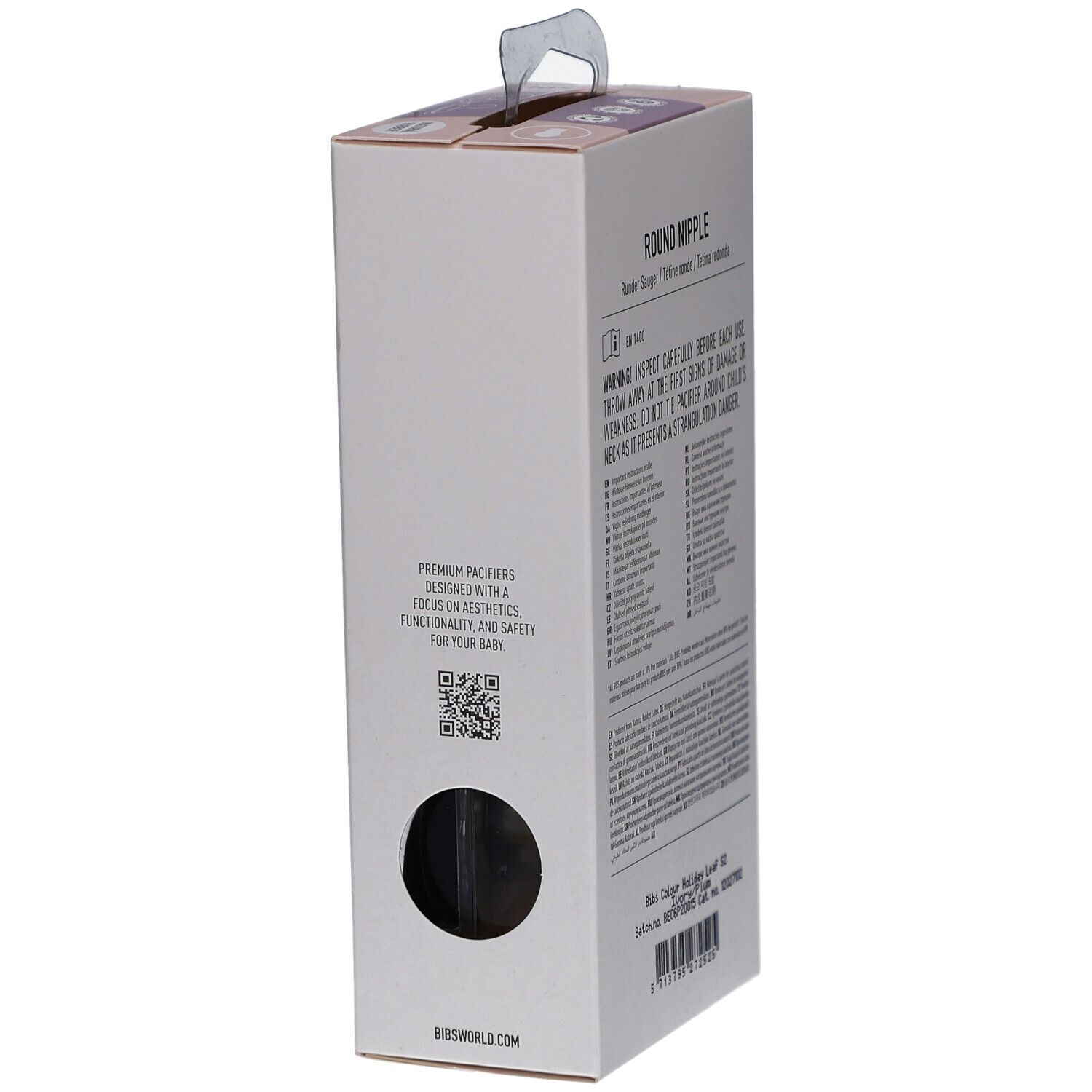 Vue latérale de l'emballage. Texte: avertissements, informations sur le produit. Marque BIBS. Code QR.