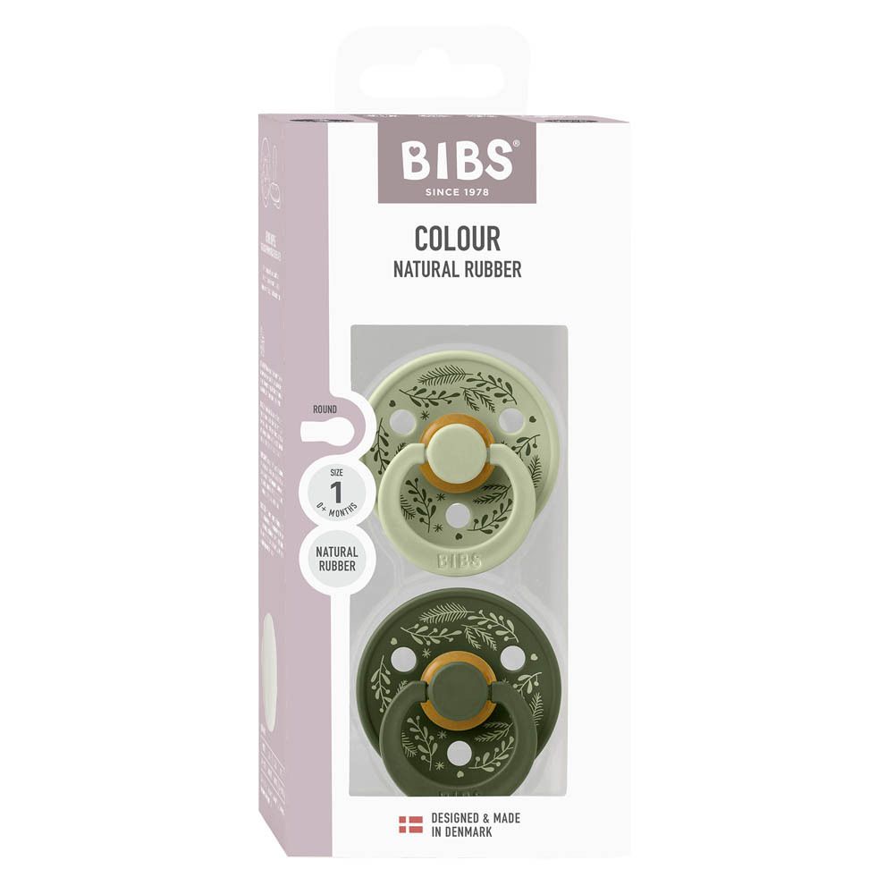BIBS-verpakking met twee fopspenen. Groen en donkergroen, maat 1, natuurlijk rubber. Venster.