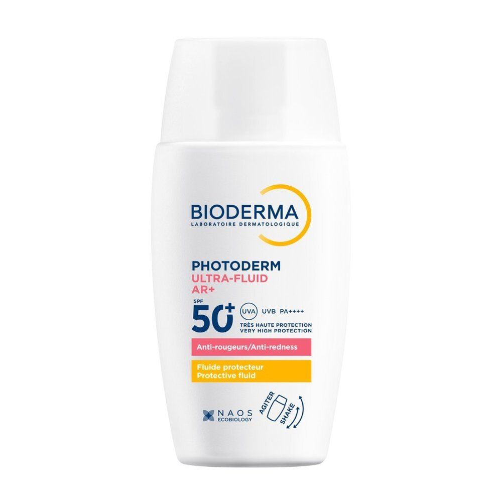 Fles Bioderma Photoderm AR+ Ultra-fluide SPF50+. Product en tekst op witte achtergrond.