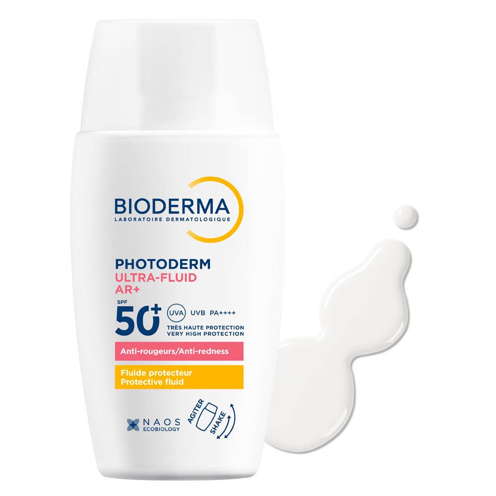 Product Bioderma Photoderm AR+ Ultra-fluide SPF50+. Witte vloeistof op witte achtergrond.