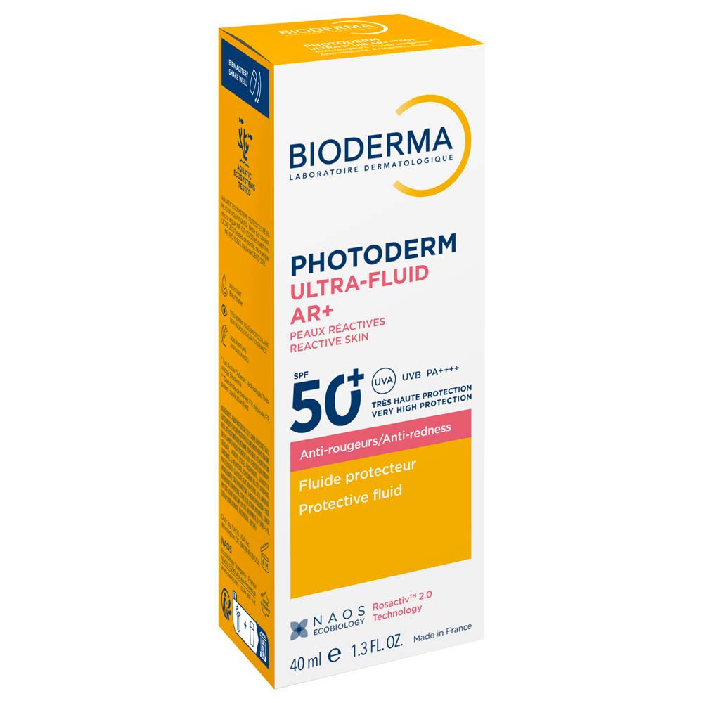 Verpakking Bioderma Photoderm AR+ Ultra-fluide SPF50+. Witte en gele doos met productinfo en logo.