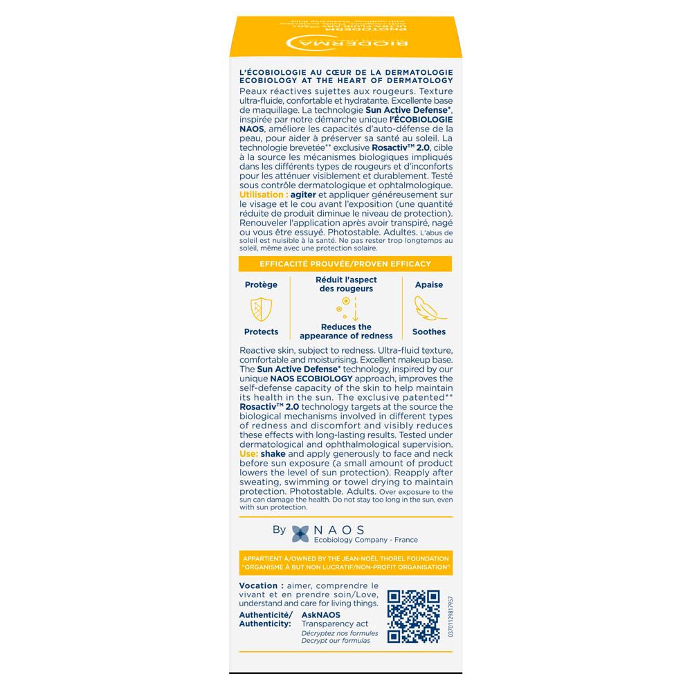 Dos de la boîte Bioderma Photoderm AR+ Ultra-fluide SPF50+. Texte et logos sur fond jaune.