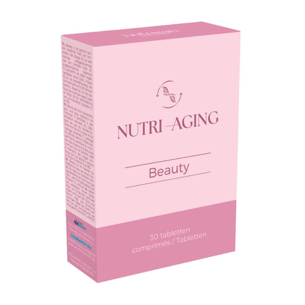 Vue en biais d'une boîte rose avec logo "NUTRI-AGING Beauty" et texte. 30 comprimés. Symbole génétique.