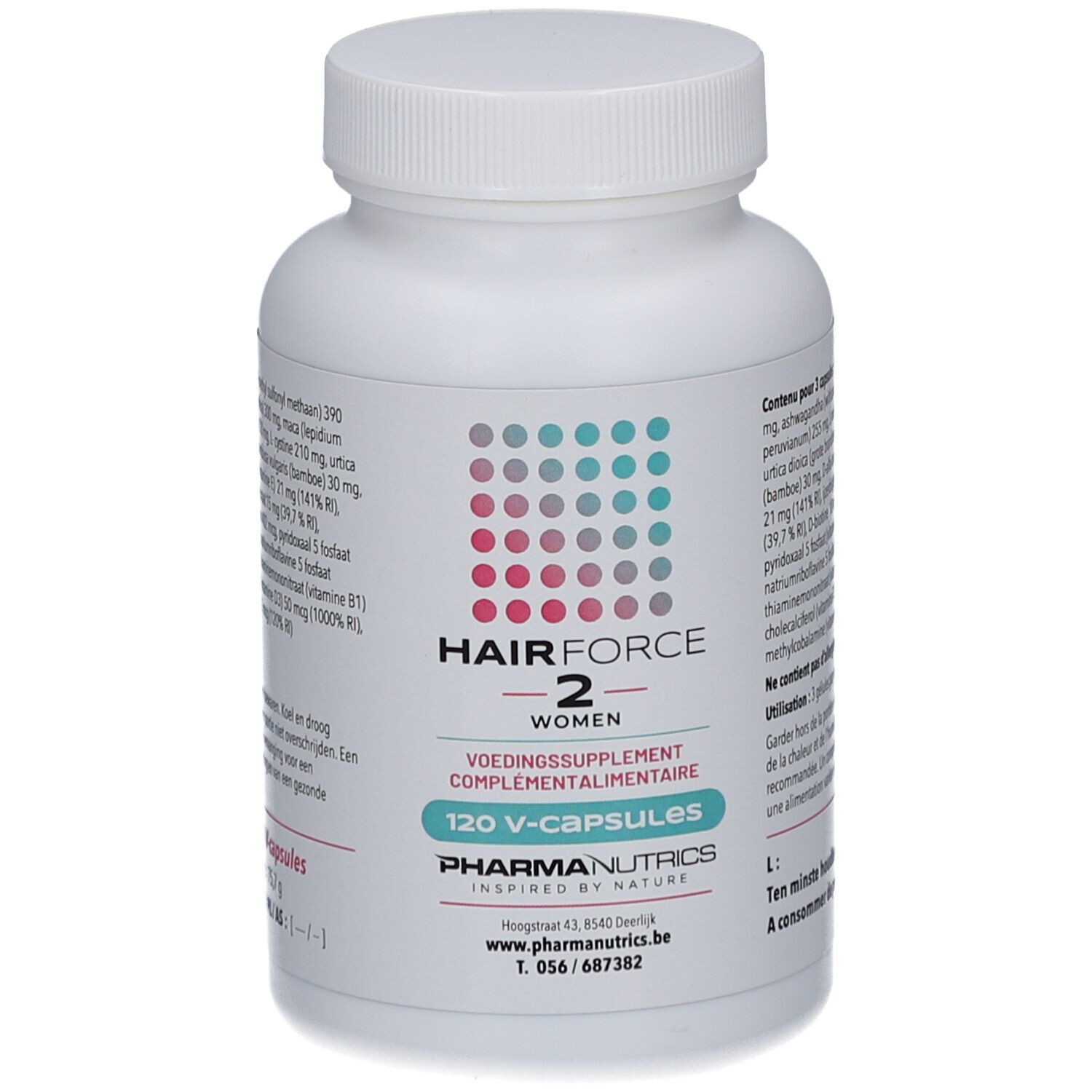 Witte fles Pharmanutrics Hair Force 2 Women V-caps, 120 capsules. Roze en grijze stippen. Tekst in het Nederlands.