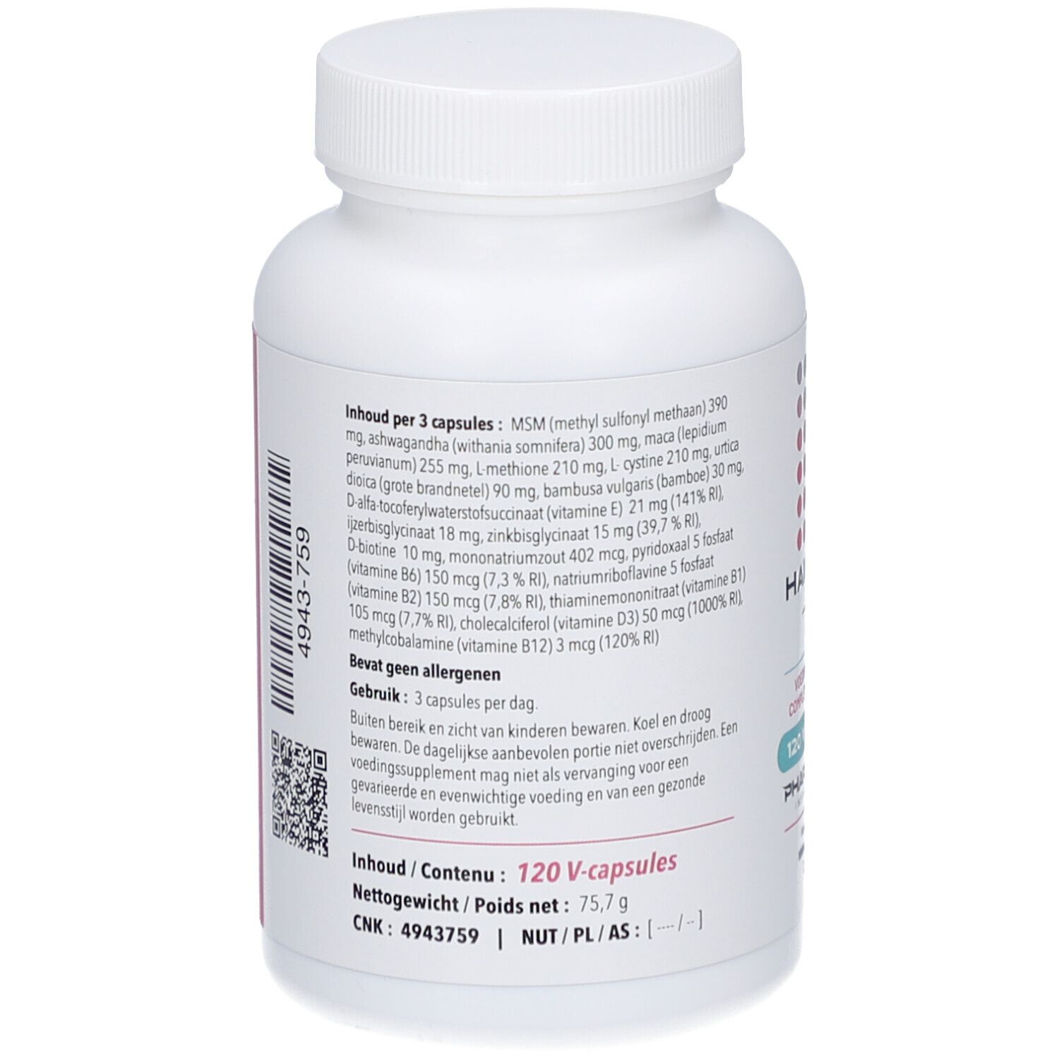 Achterkant witte fles. Bevat 120 V-capsules. Ingrediënten en voedingswaarde. QR-code en CNK-nummer.