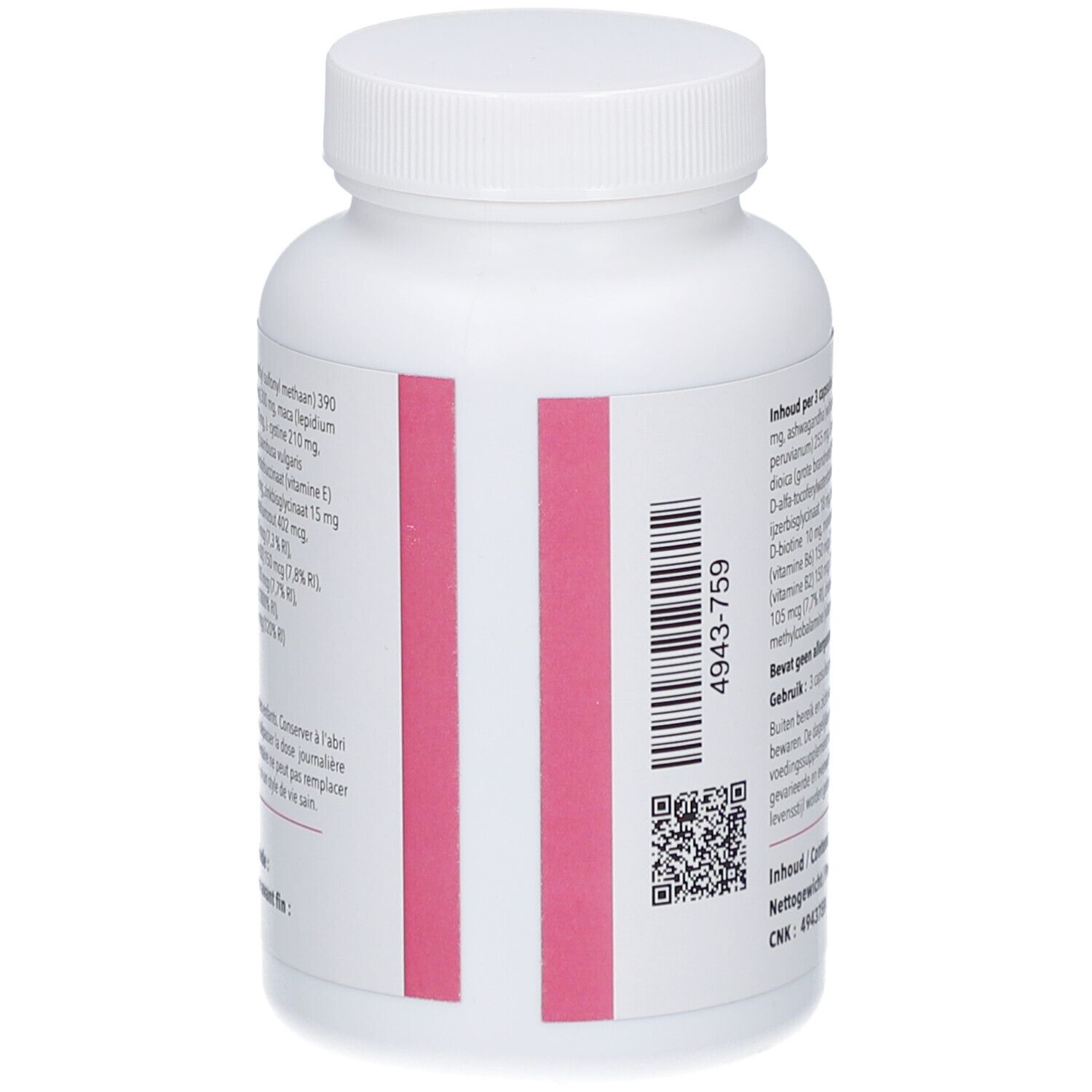 Achterkant witte fles. Roze strepen. QR-code en CNK-nummer. Tekst in het Nederlands.