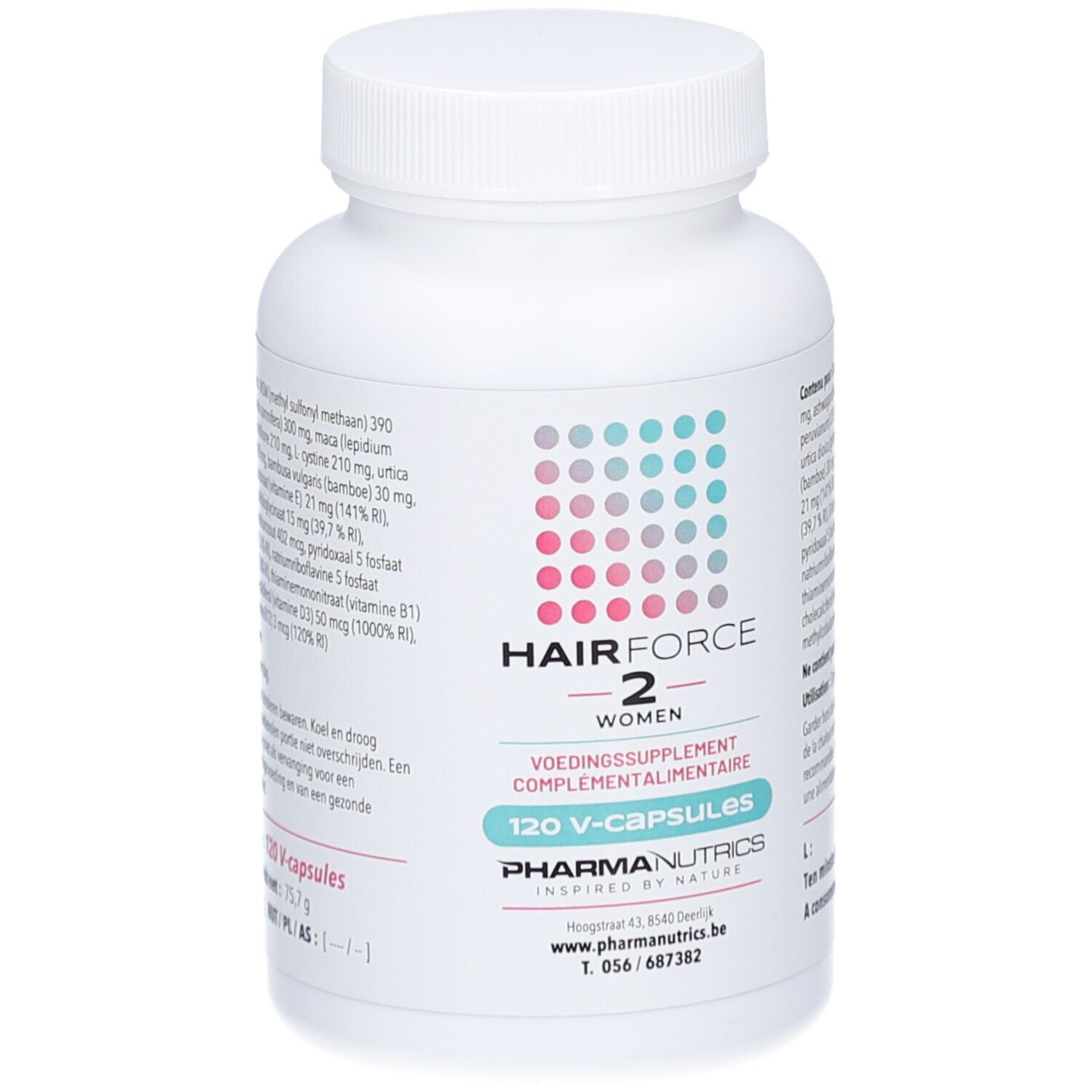 Witte fles Pharmanutrics Hair Force 2 Women V-caps, 120 capsules. Turquoise en grijze stippen. Tekst in het Nederlands.