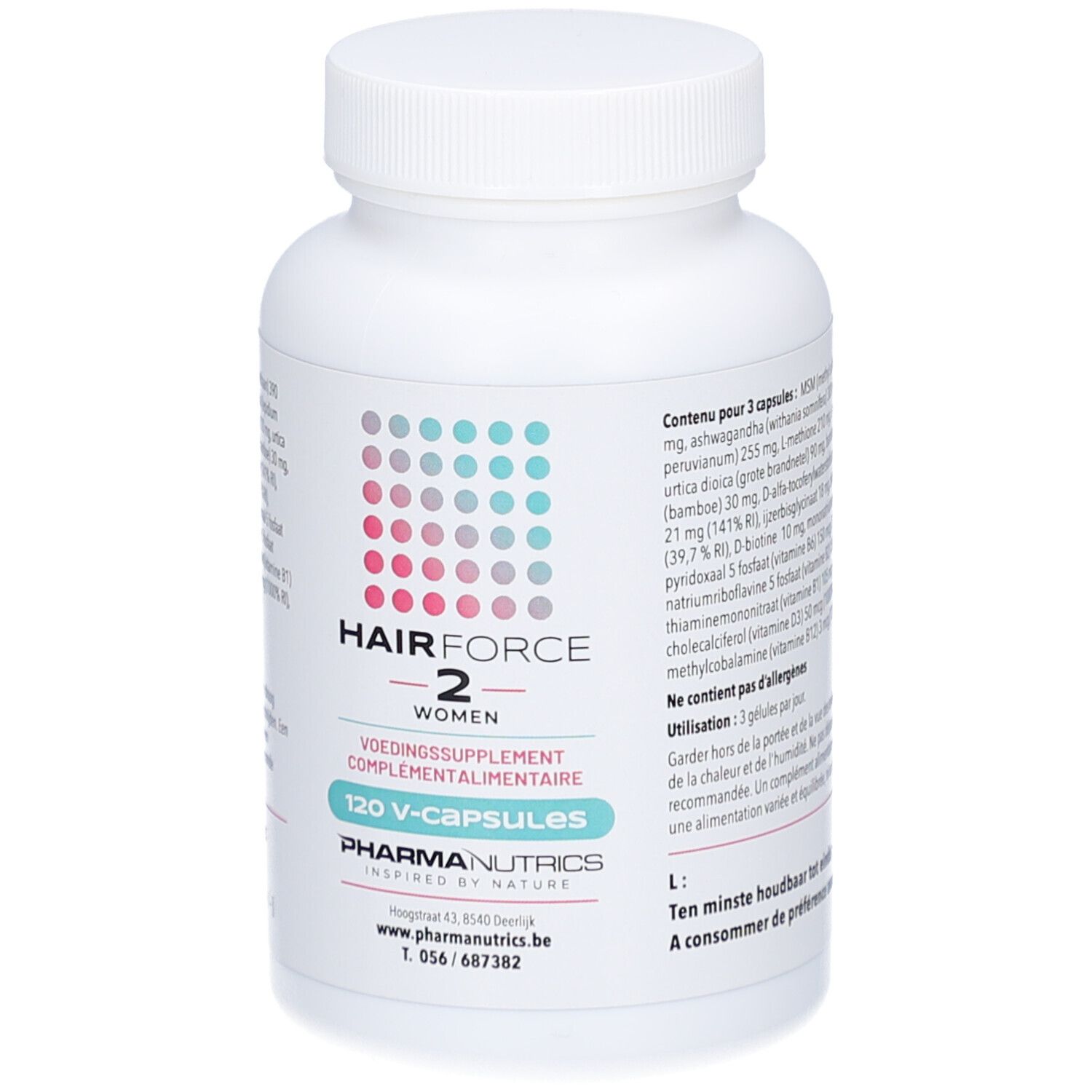 Witte fles Pharmanutrics Hair Force 2 Women V-caps, 120 capsules. Tekst in het Frans.