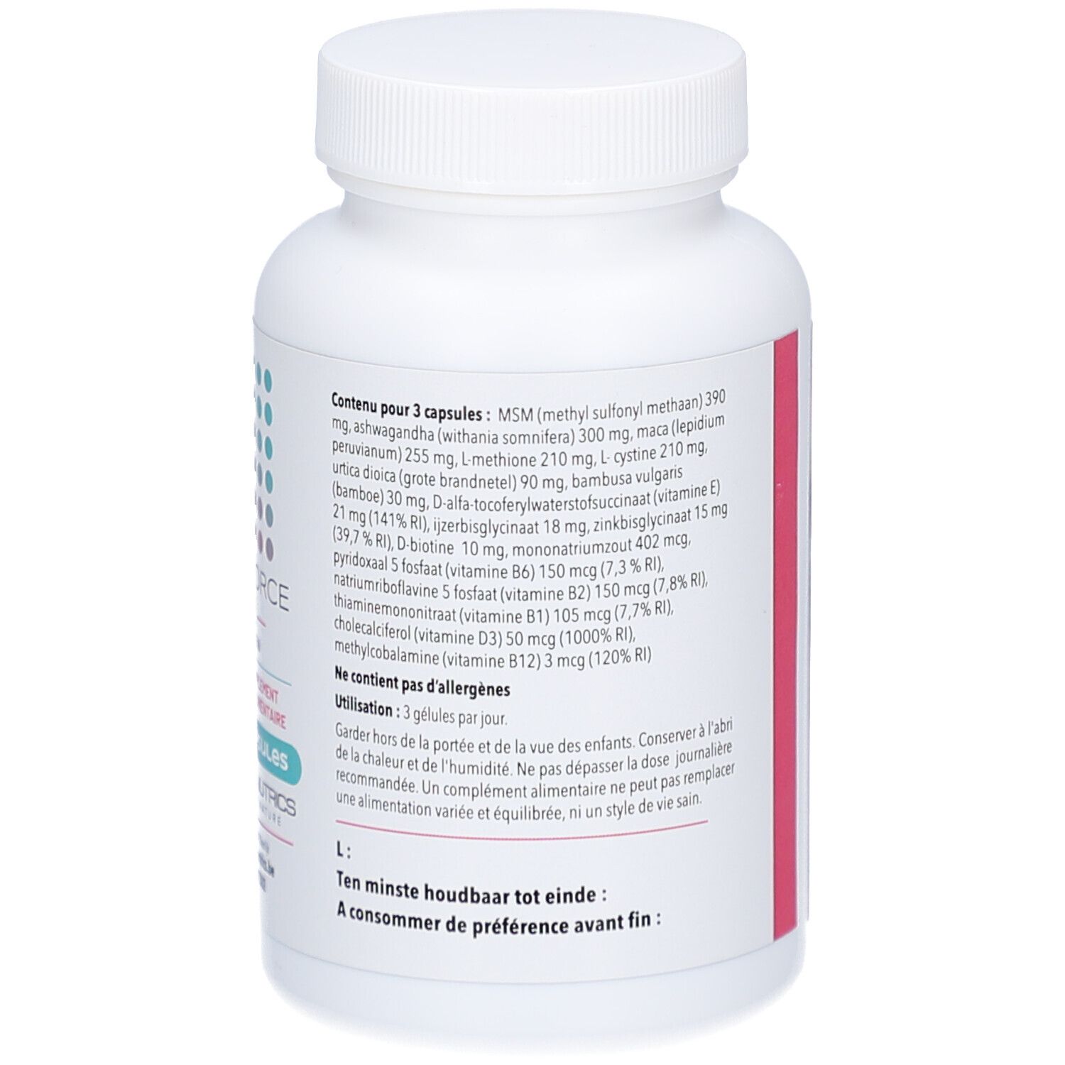 Achterkant witte fles. Bevat 120 V-capsules. Ingrediënten en voedingswaarde. Tekst in het Frans.