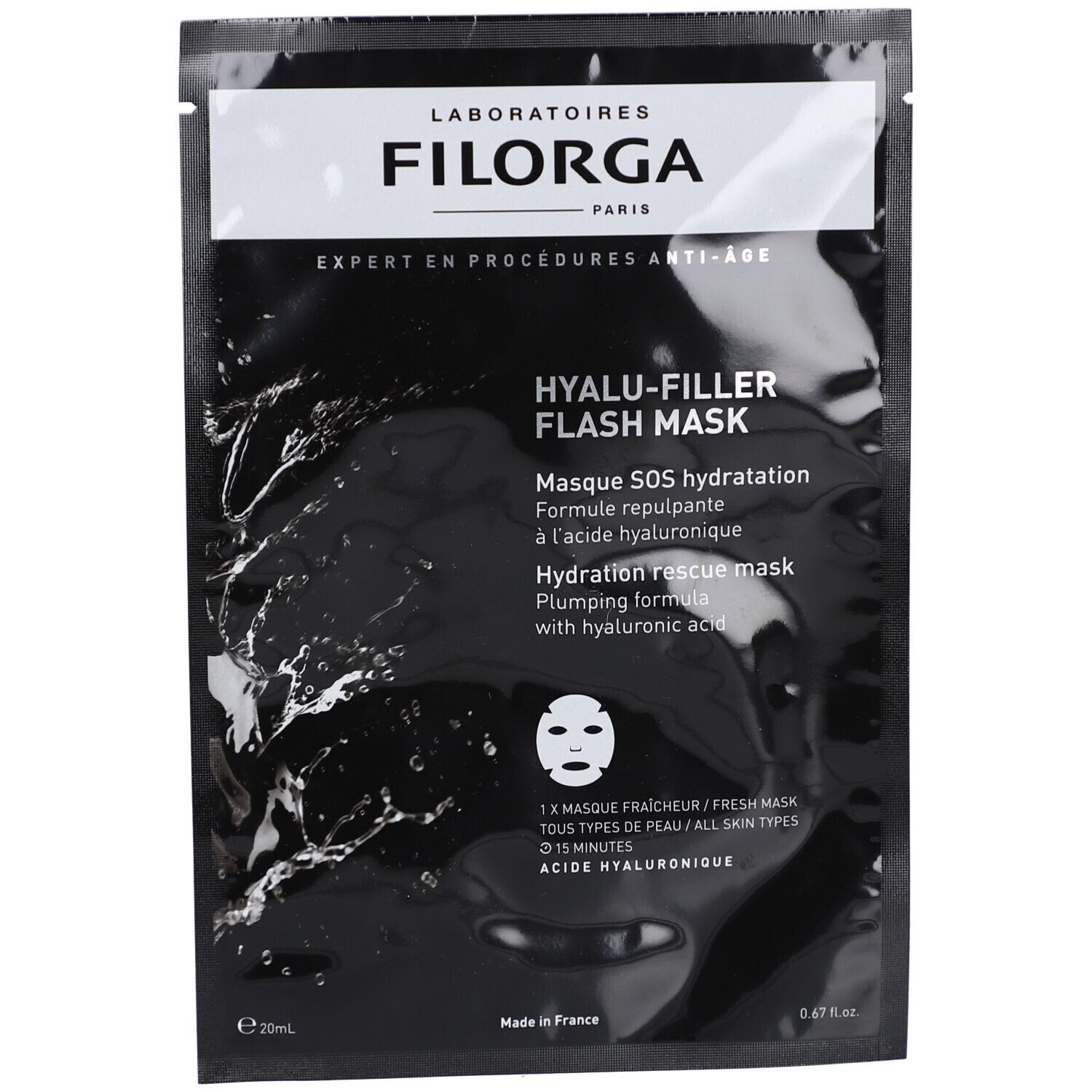 Zwarte verpakking met witte tekst. Bevat een gezichtsmasker. Opschrift: Filorga, Hyalu-Filler Flash Mask.