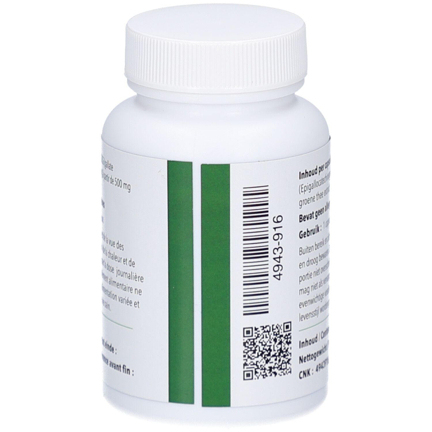Dos du flacon blanc avec des bandes vertes. Code QR et code-barres.