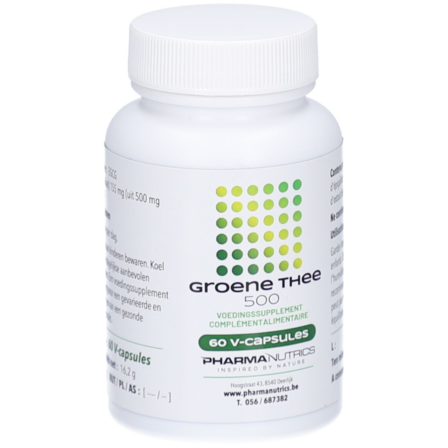 Flacon blanc avec étiquette verte. Inscription: Groene Thee 500, 60 V-caps. Marque: PharmaNutrics.