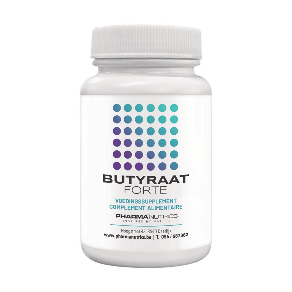 Witte fles met blauwe en turquoise graphics. Opschrift: Butyraat Forte, 60 V-capsules, Pharma Nutrics.