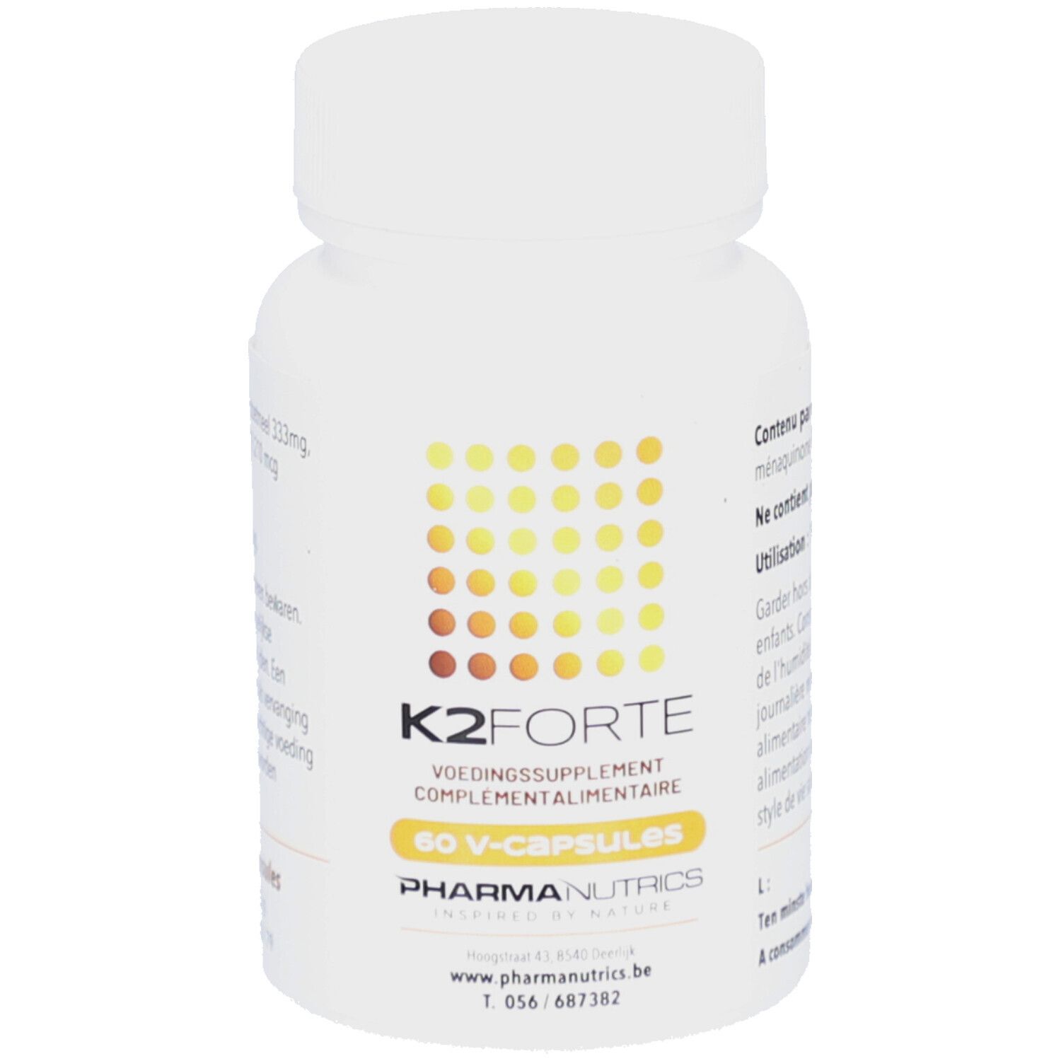 Witte fles K2 Forte V-caps. Opschrift: 60 V-capsules. Merk: Pharmanutrics.