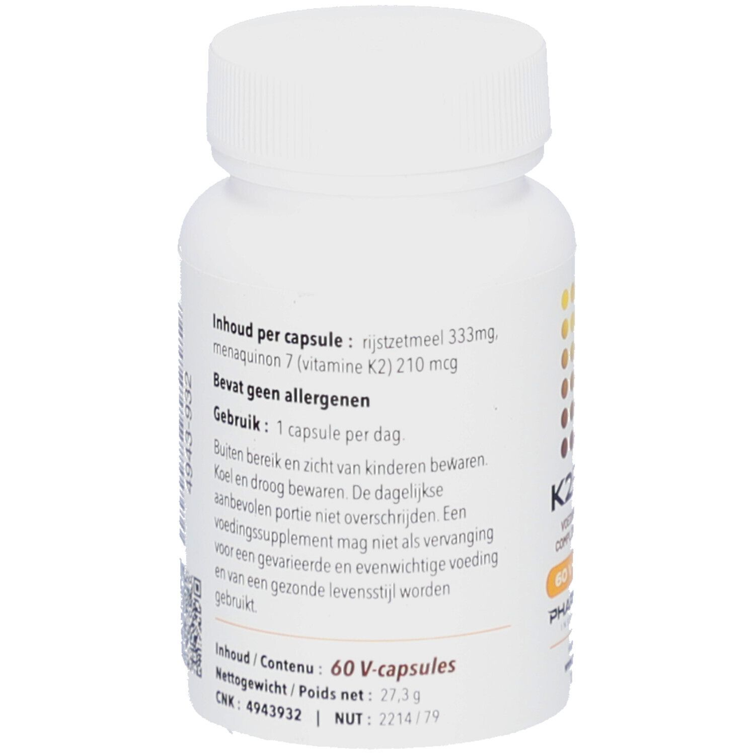 Achterkant witte fles. Tekst: Inhoud per capsule: rijstzetmeel, menaquinon 7, Bevat geen allergenen.