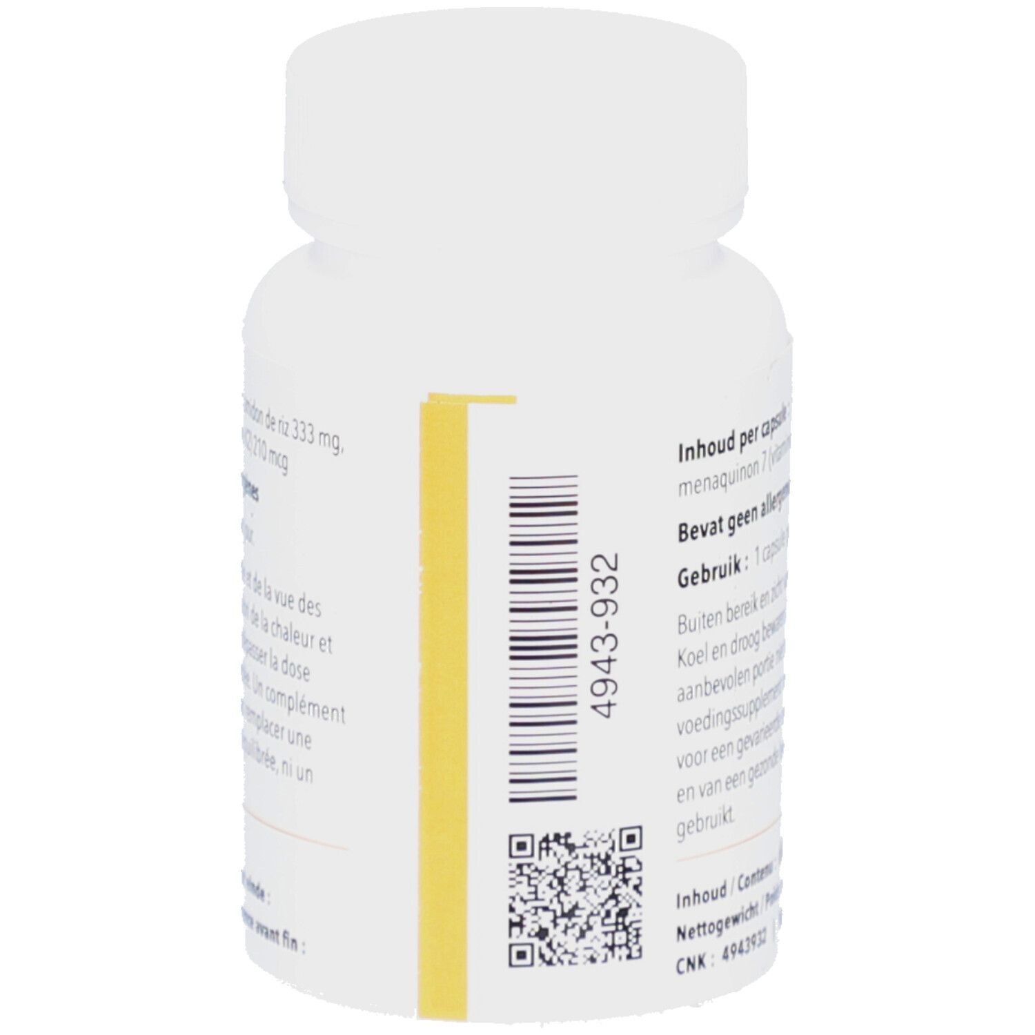 Witte fles, zijaanzicht. Barcode en QR-code. Gele strook met tekst.