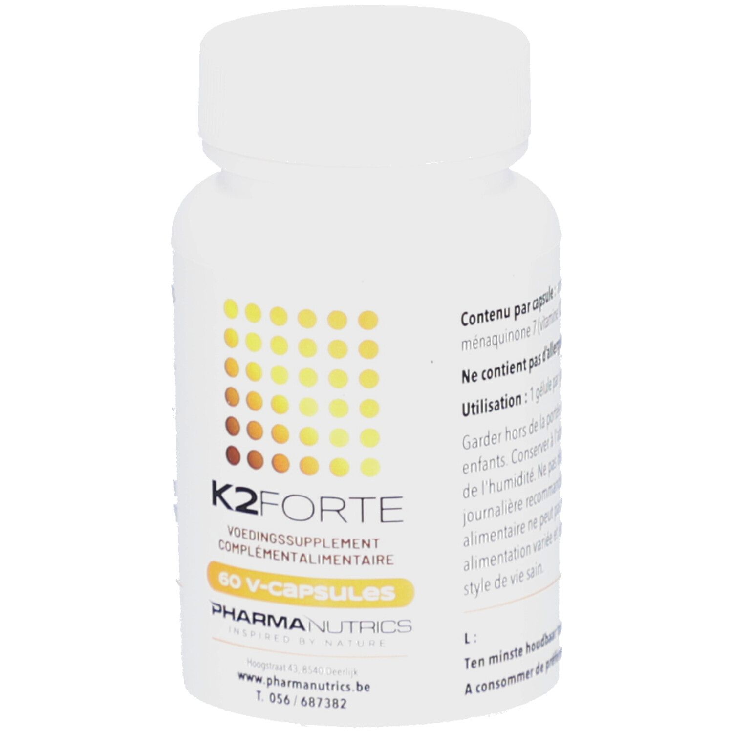 Witte fles K2 Forte V-caps. Opschrift: 60 V-capsules. Merk: Pharmanutrics.