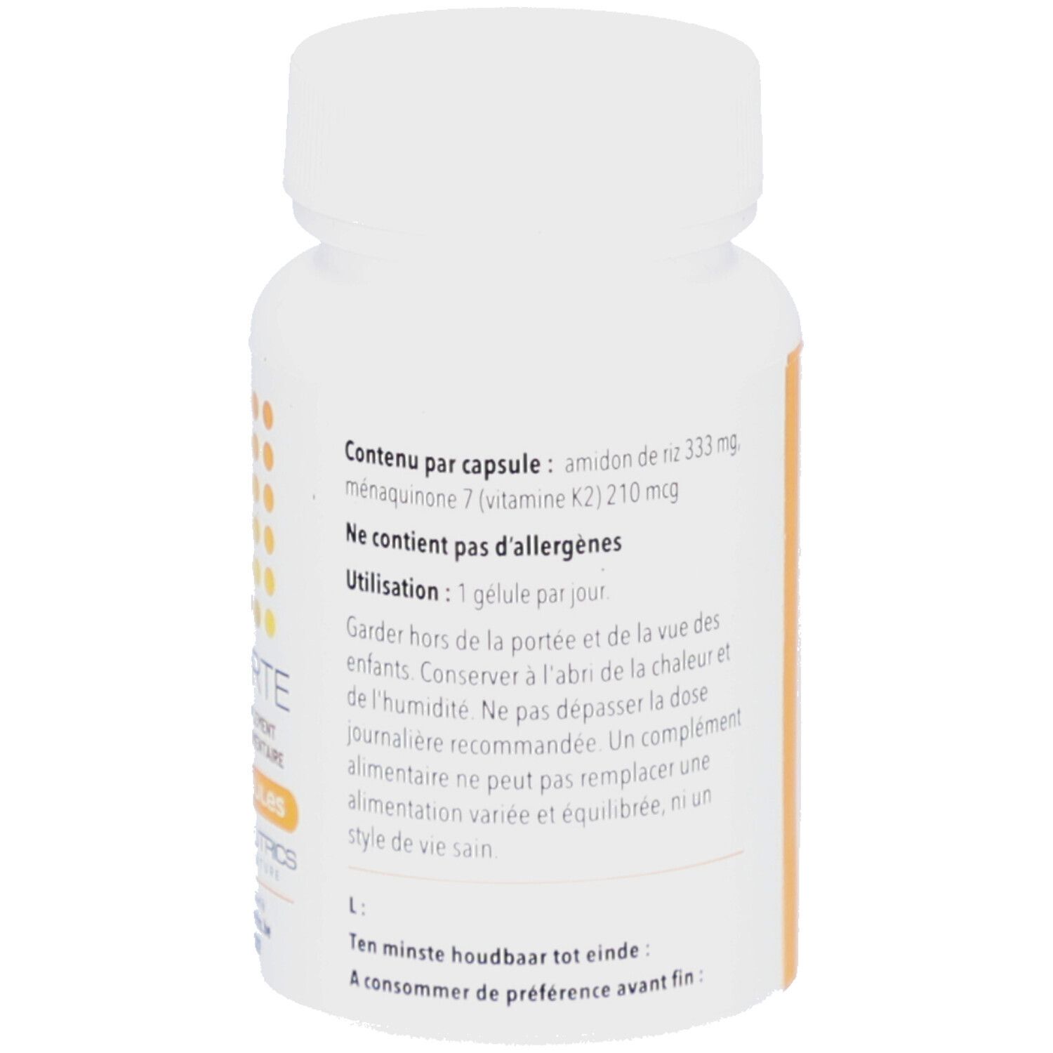 Achterkant witte fles. Tekst: Contenu par capsule: amidon de maïs, menaquinon 7, Ne contient pas d'allergènes.