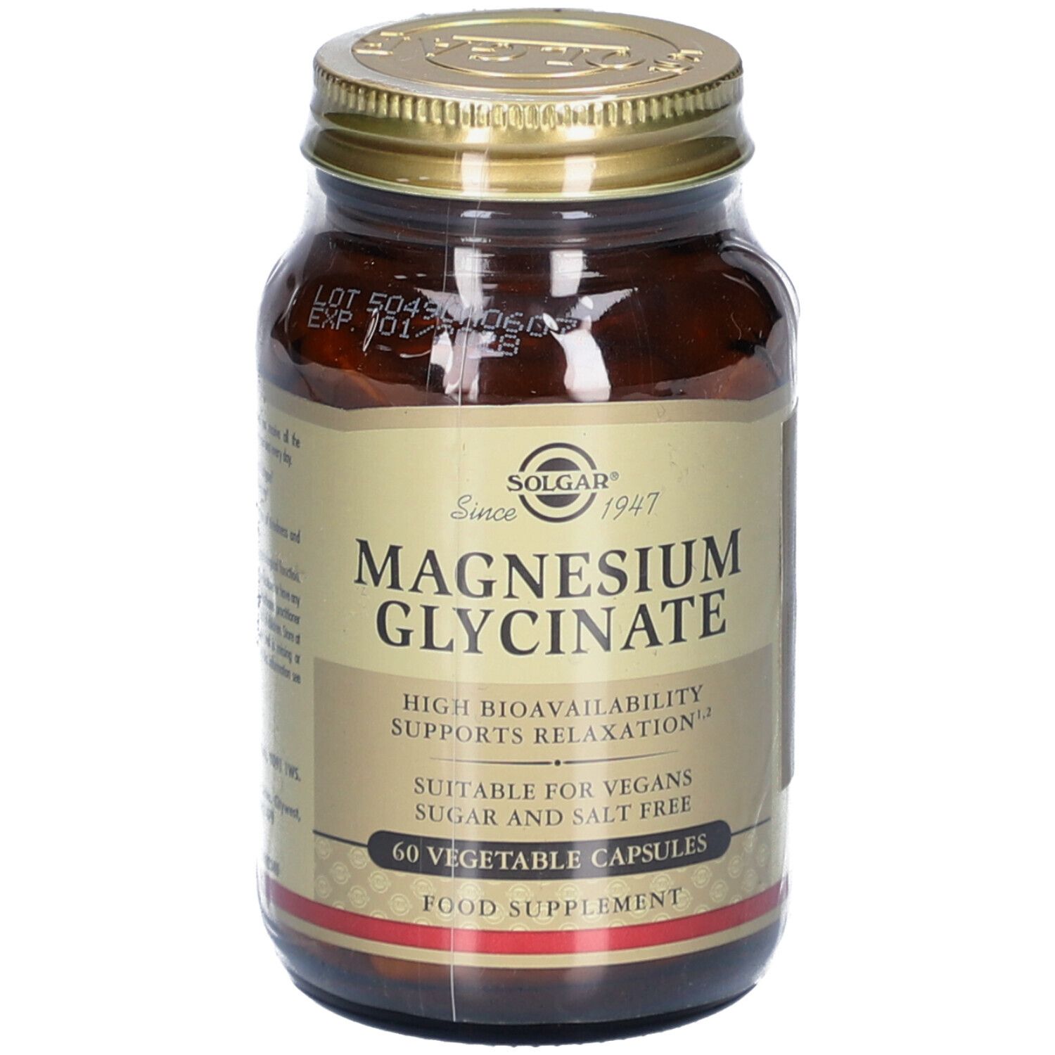 Bruine glazen fles met gouden dop. Etiket met "Magnesium Glycinate" van Solgar. Bevat 60 capsules.