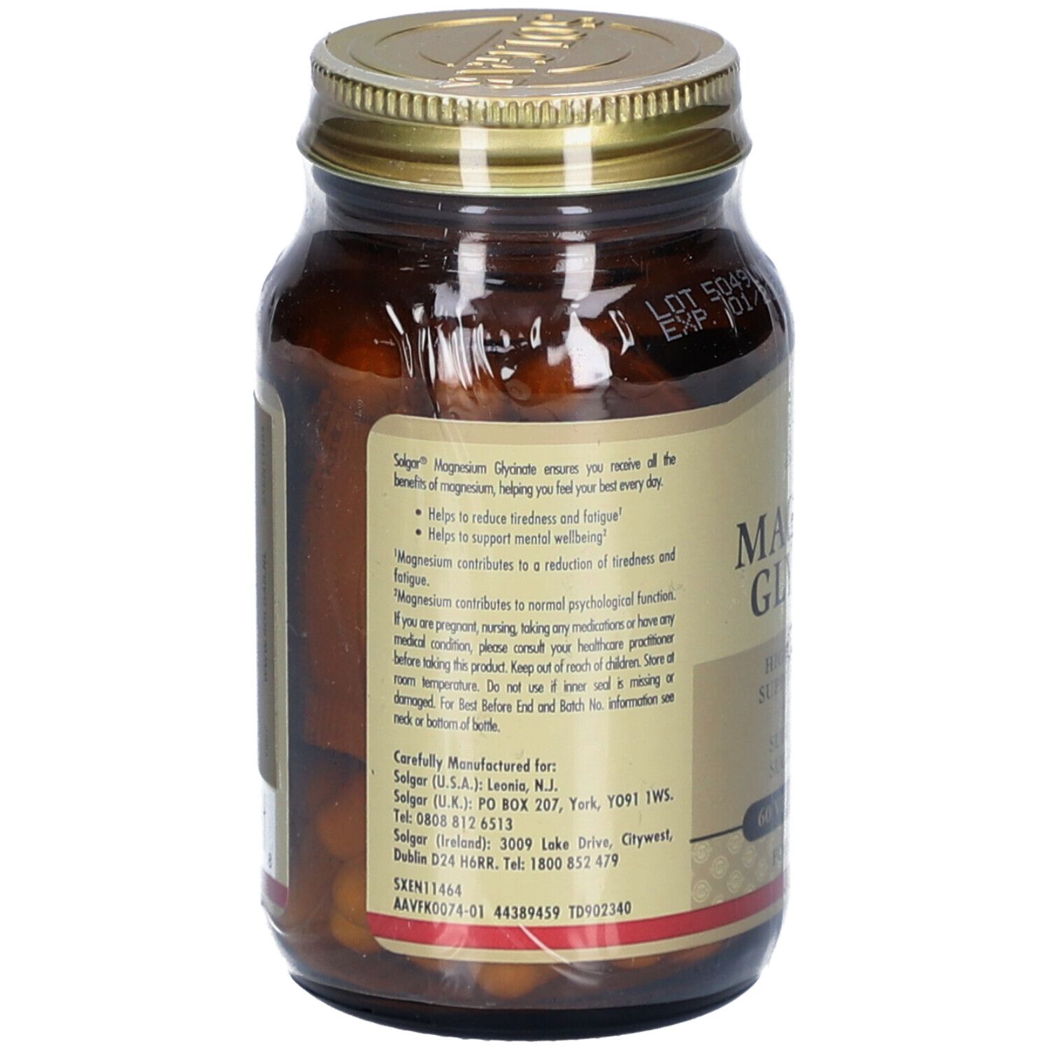 Achterkant van een bruine glazen fles met gouden dop. Tekstinformatie over Magnesium Glycinate van Solgar.