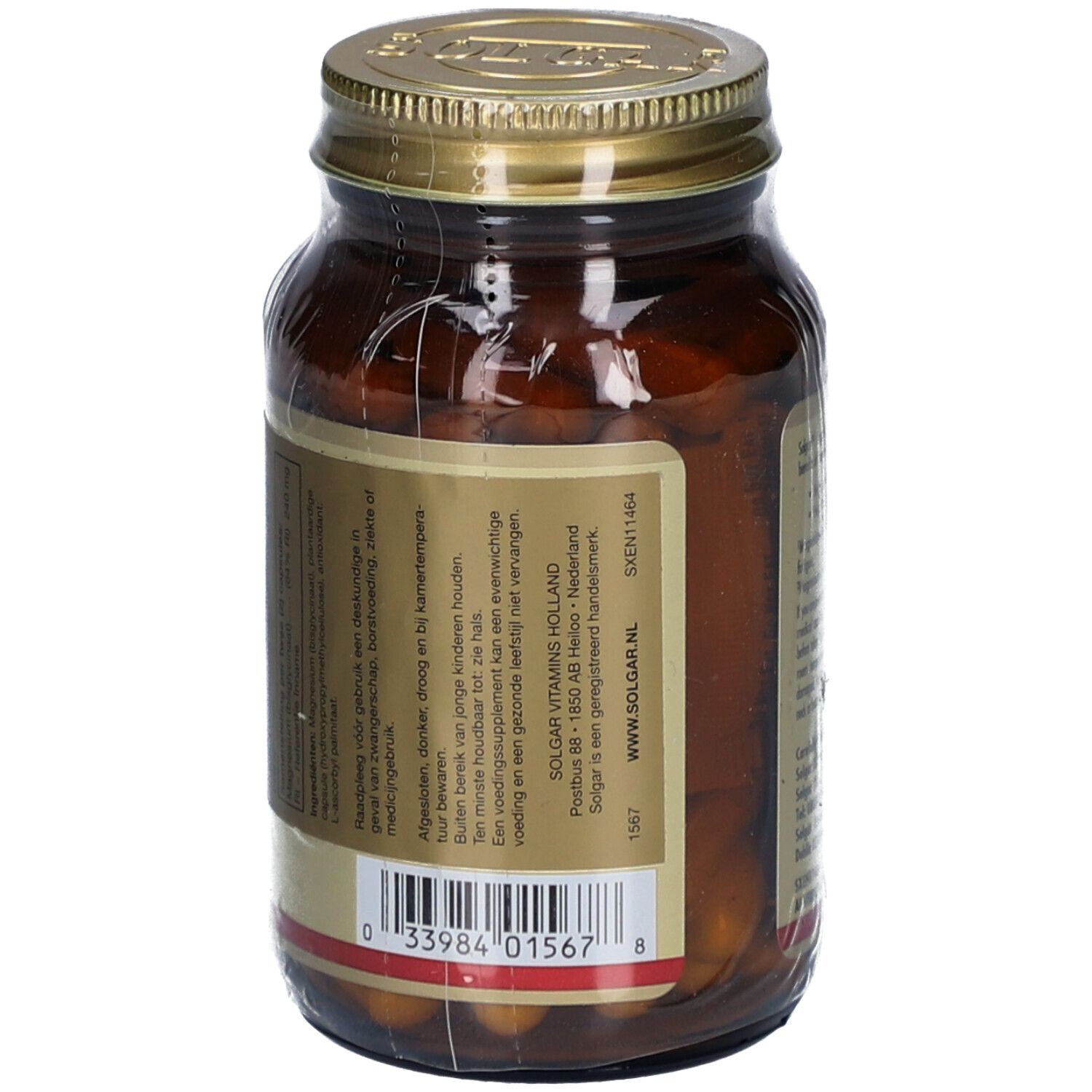 Achterkant van een bruine glazen fles met gouden dop. Etiket met informatie over Solgar Vitamins Holland.