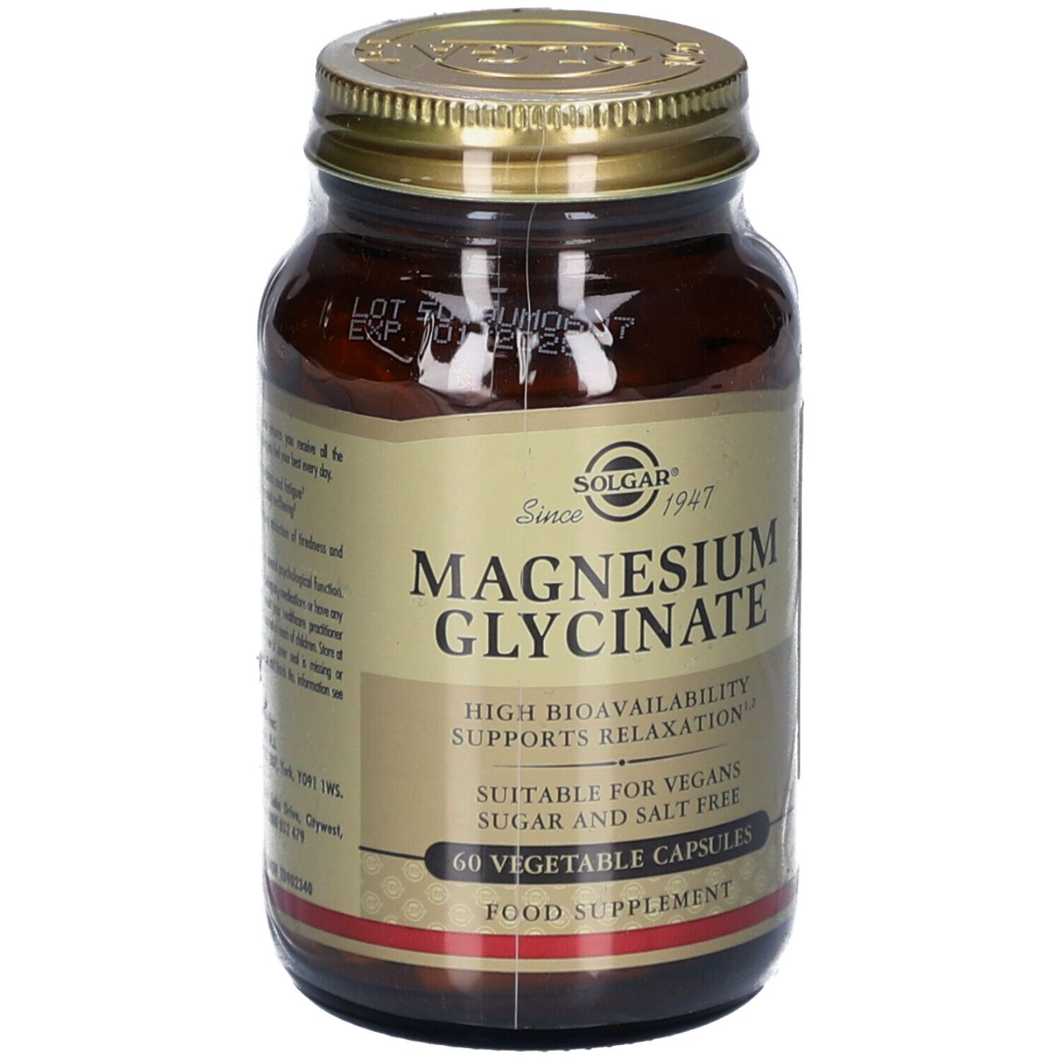 Bruine glazen fles met gouden dop. Etiket met "Magnesium Glycinate" van Solgar. Bevat 60 capsules.