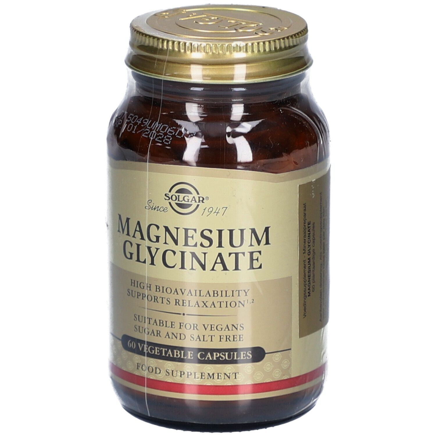 Bruine glazen fles met gouden dop. Etiket met "Magnesium Glycinate" van Solgar. Bevat 60 capsules.