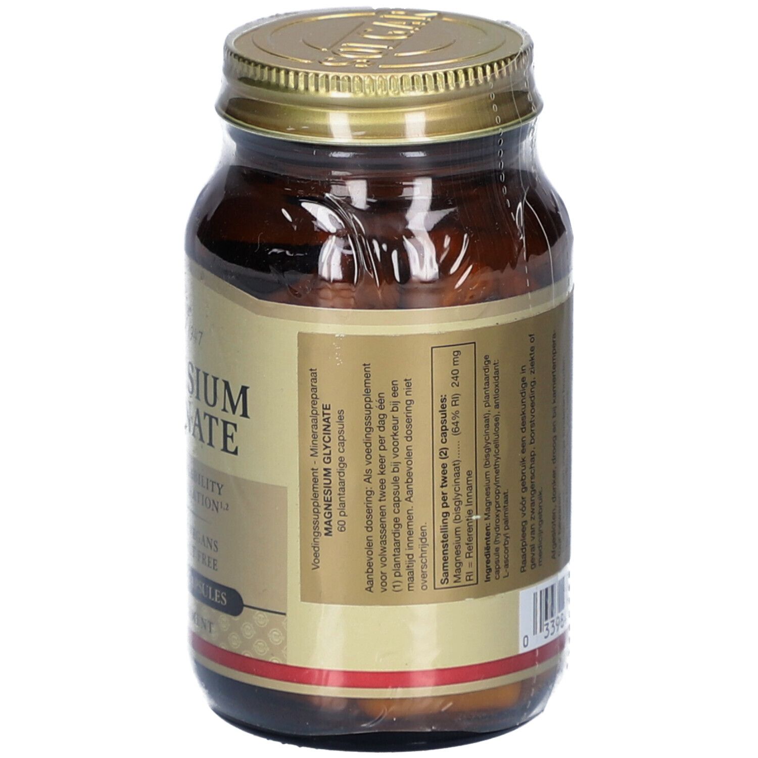 Achterkant van een bruine glazen fles met gouden dop. Etiket met voedingswaarde-informatie en ingrediënten.