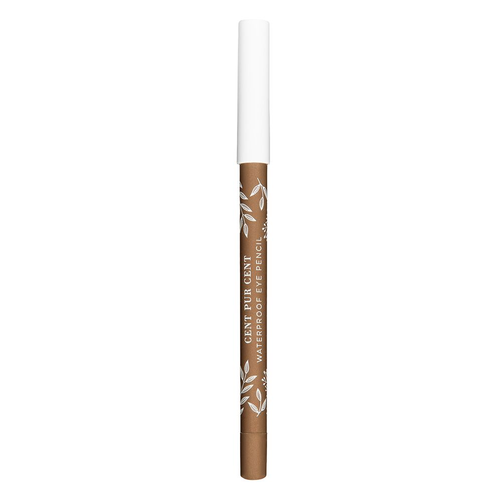 Crayon pour les yeux brun Cent Pur Cent Waterproof Eye Pencil. Capuchon blanc. Décor de feuilles.